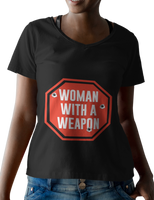 Woman With A Weapon Stop Sign Ladies Black V-neck T-Shirt