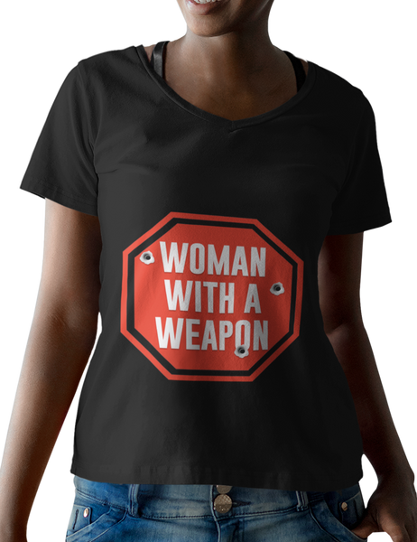 Woman With A Weapon Stop Sign Ladies Black V-neck T-Shirt