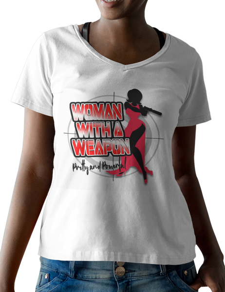 Classic Woman With A Weapon Short Sleeve Ladies V-neck T-shirt